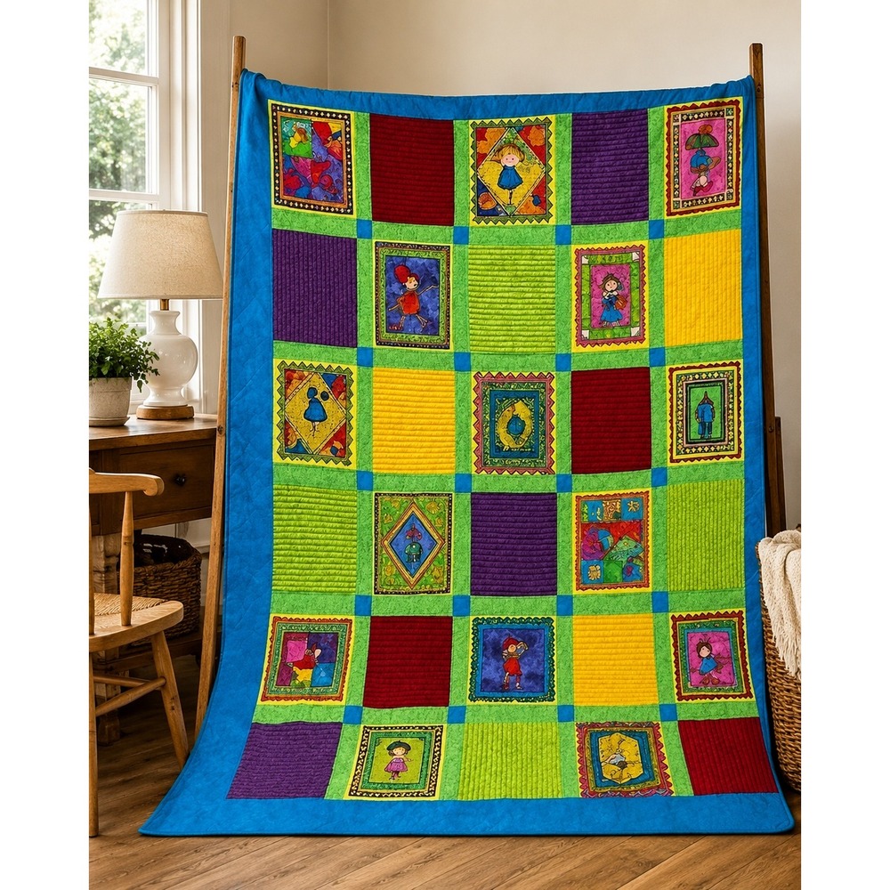 Twin Quilt 68x88 Handmade Folk Art Quilt Colorful Storybook Patchwork